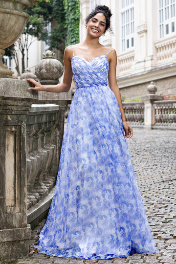Vestido de dama de honor largo plisado con tirantes de espagueti de una línea azul con cordones en la espalda